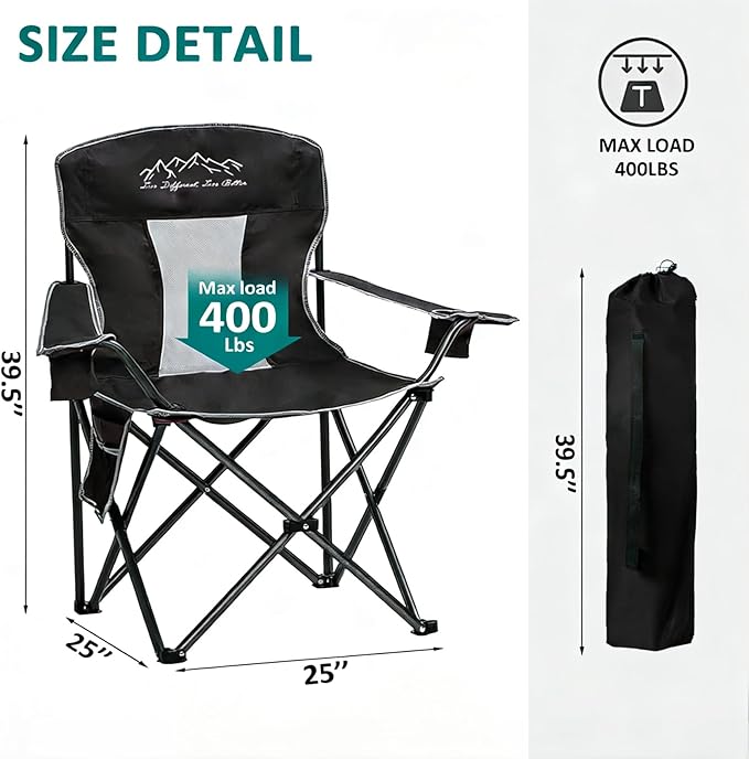 Collapsible Folding Camping Chairs Heavy Duty Lawn Foldable Chair with Cooler Bag, Storage Pocket, Waterproof Bag Outdoor Arm Sport Chair, Supports 325LBS, Black