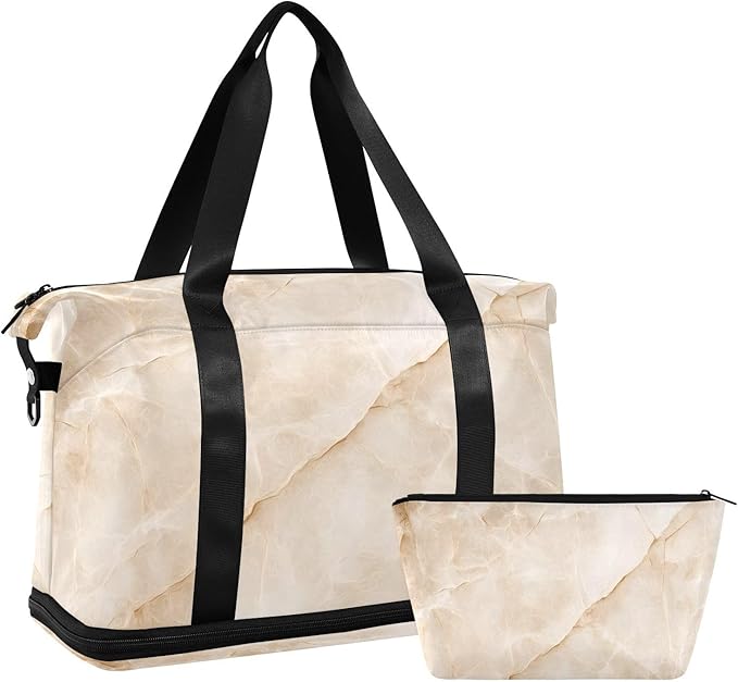 Travel Duffel Bags for Women Beige Marble Print Sports Duffel Bags Gym Bags with Shoes Compartment Tote Bag Weekender Bag for Travelling
