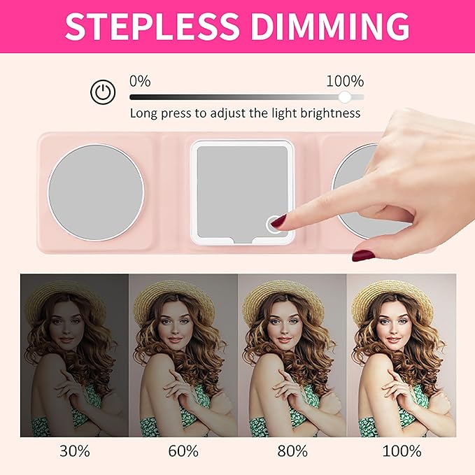 Rechargeable Trifold Makeup Mirror with Lights, 1X 5X 10X Magnification, Portable LED Lighted Compact Mirror with 3 Magnetic Zoom Mirrors for Travel & Vanity (Pink)