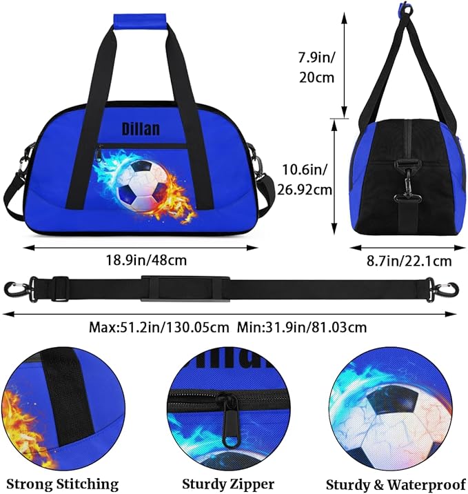 Personalized Name Sports Bag for Kids Boys, Custom Sport Gym Bag for Boys Girls Duffel Fitness Travel Weekender Tote Carry-On Training Perform Bag, Customized Kids Gift Soccer