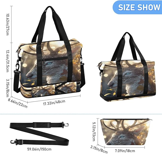 Travel Duffel Bags for Women Golden Autumn Deer Print Sports Duffel Bags Gym Bags with Shoes Compartment Tote Bag Weekender Bag for Travelling