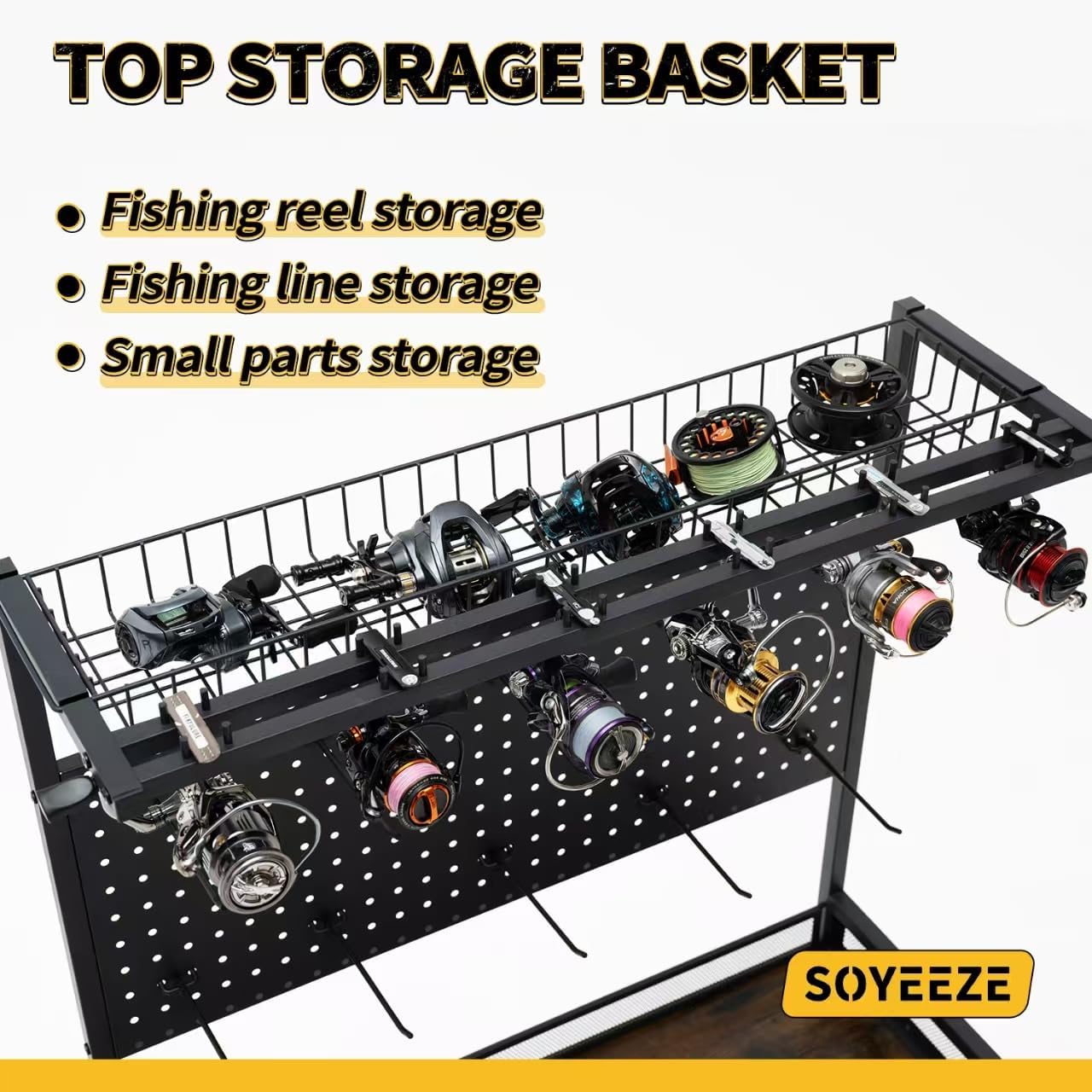 SOYEEZE Fishing Rod Holders for Garage,Fishing Gear Holder for Fishing Rod Tackle Box Storage，Fishing Pole Holders for 12 Rods with Hooks and Pegboard,Fishing Cart with Reel Rack