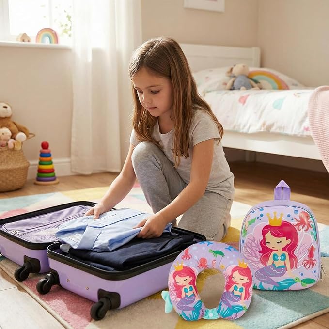 Sanwuta 4 Pcs Kids Luggage Set Rolling Suitcase Backpack U-shaped Pillow Kids Carry On Gift for Summer Travel Family Trip(20 Inch,Mermaid Style,Purple)