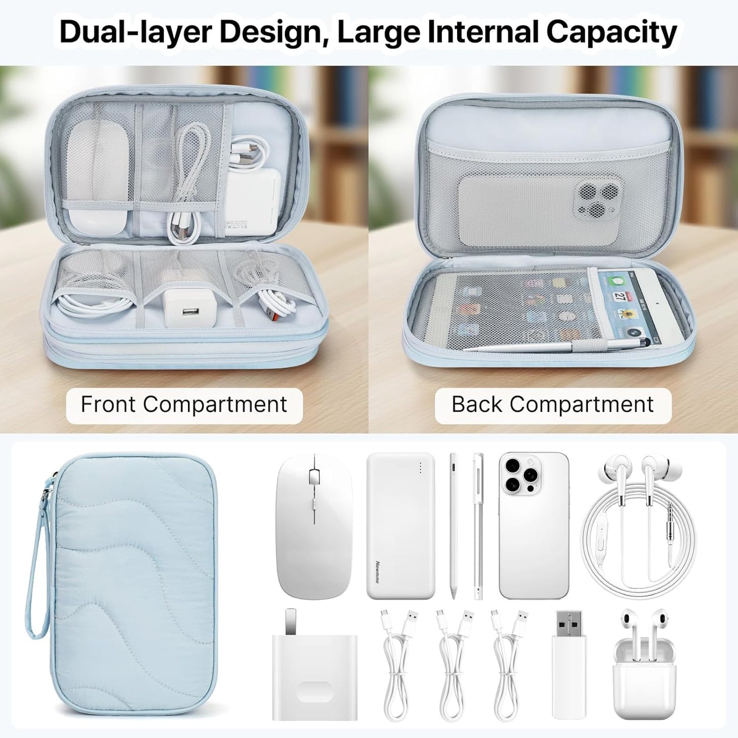 Skycase Tech Pouch - Lightweight Electronics Organizer Travel Case, Double Layers Travel Cable Organizer, All-in-One Storage Bag for Charger, Cord, Phone, Flash Drive, Accessories