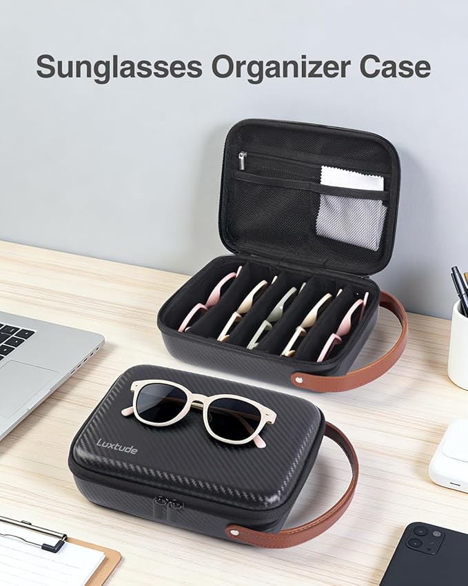 Luxtude Travel Sunglasses Organizer Case for Women Men, Glasses Case Multiple Pairs w/Adjustable Slot, Sunglass Storage Cases