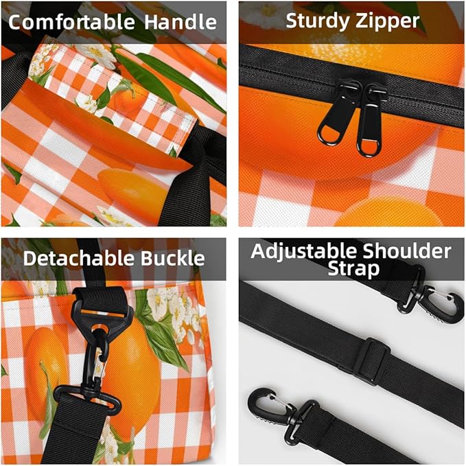 Gym Bag for Women Men, Orange Plaid Orange Flower Travel Duffle Bags for Dance Ballet Overnight, Carry-On Weekender Bag with Detachable Shoulder Strap