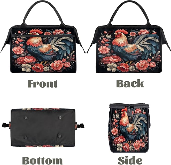 Multipurpose Duffle Bag, Waterproof Carry On Bag with Spacious Design, Rooster Chicken Floral Gym Bags, 15.2x8.3x11.6in