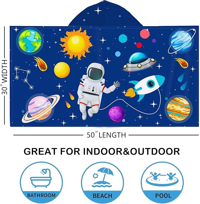 Bonsai Tree Spaceman Hooded Beach Towel for Kids, Cute Space Man Bath Towel with Hood, Boy Microfiber Super Absorbent Soft Poncho Bathrobe for Swin Pool 30" x 50”