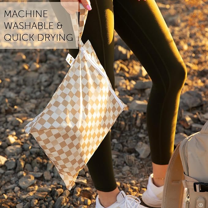 Bumkins Roamio Waterproof Wet Bag for Baby, Travel, Swim Suit, Cloth Diaper, Pump Parts, Pool, Gym Clothes, Beach, Toiletry, Hook to Stroller, Daycare, Zipper Reusable Bag, Wetdry Packing, Beige Check