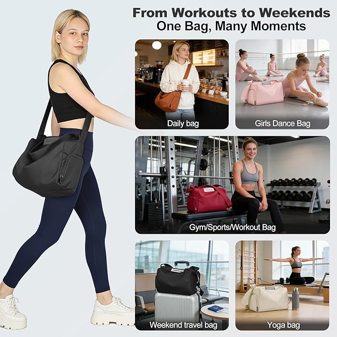 Women's Mini Gym Bag Crossbody, Everyday Sling Duffel with Shoe Compartment & Wet Pocket, Water-Resistant Travel Bag, Black