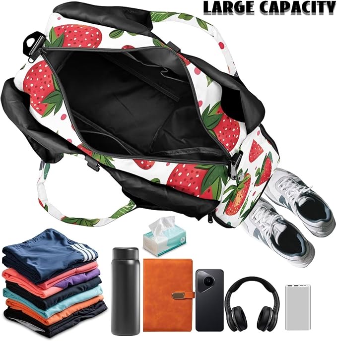 Gym Bag Women Strawberry Note Workout Bag with Shoe Compartment, Wet Pocket,Travel Tote Bag with Mat Carrier, Waterproof Overnight Bag Carry On Weekender