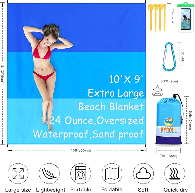 BYDOLL Beach Blanket 10'X9' Waterproof Sandproof Suits1-8 Adults Oversized Lightweight Large Blanket Picnic Mat for Beach Sand Free Travel Camping Hiking Picnic