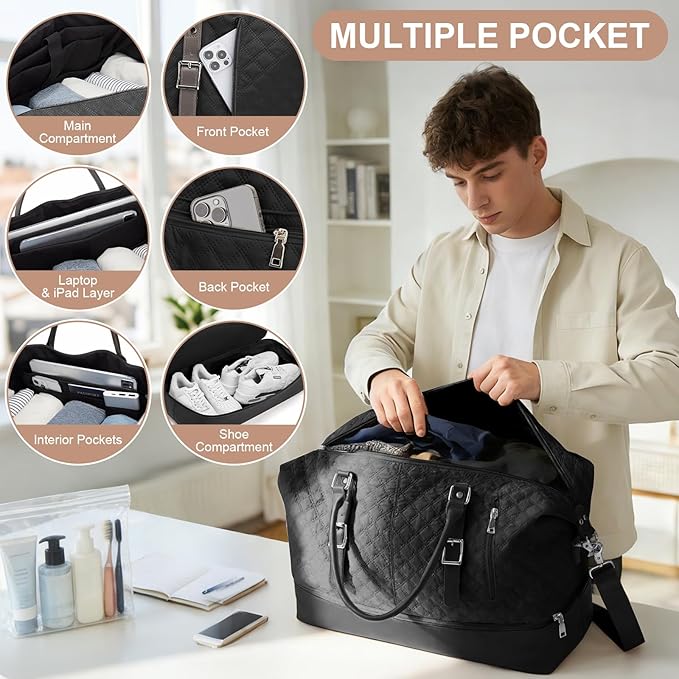 Travel Duffel Bag, Weekender Overnight Bag for Women with Trolley Sleeve, Carry On Bag for Airplanes Sport Tote Gym Bag with Shoes Compartment.(Black)