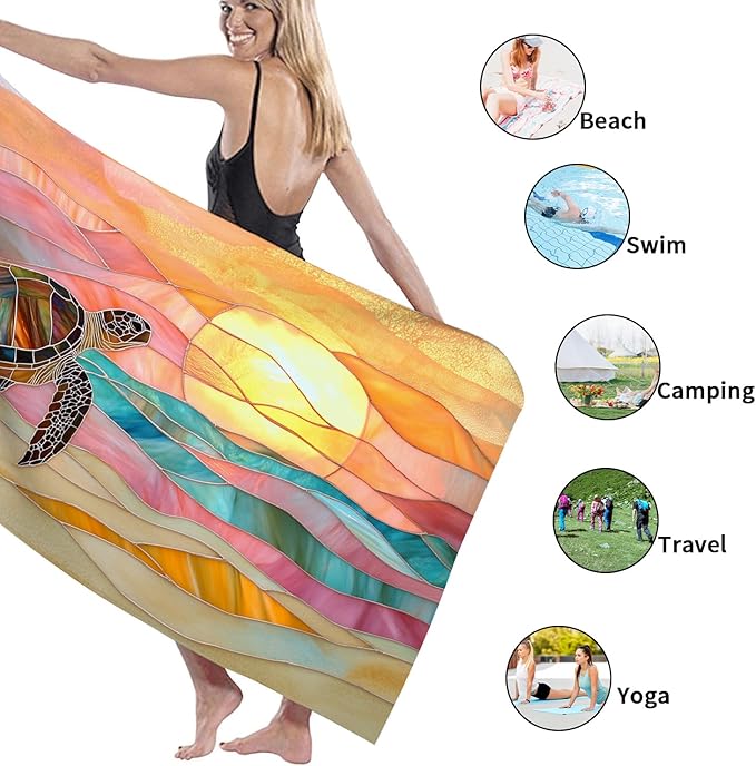 Colorful Turtle Beach Towel Pastel Waves Summer Travel Towel, Quick Dry Absorbent Lightweight Sand Free Pool Blanket, Outdoor Vacation Essentials 70x35 Inch