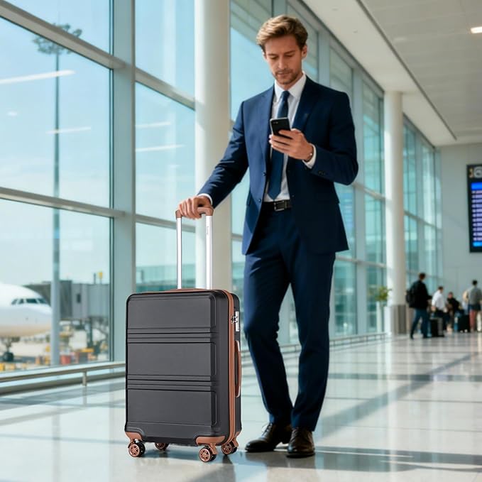 Kono 4 Piece Luggage Sets Expandable(only 28") with Spinner Wheels TSA Lock Lightweight PC+ABS Hardside Travel Rolling Suitcases 20in 24in 28in Carry on and 12in Mini Cosmetic Case Apricot Black
