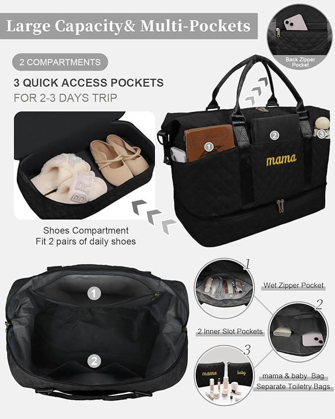 Mama Baby Pregnancy Hospital Bag Essentials for Women Labor Delivery Diaper Organizer with Shoe Compartment,2 Waterproof Toiletry Pouch Travel Duffle Bag for Mommy Weekender Overnight Gym Gifts,Black