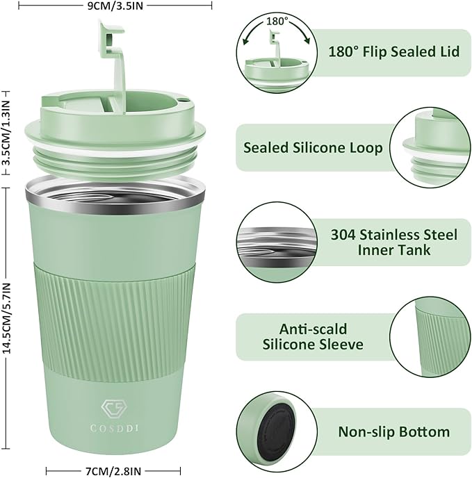 CS COSDDI 12 oz Stainless Steel Vacuum Insulated Tumbler - Coffee Travel Mug Spill Proof with Lid - Coffee Cups for Keep Hot/Ice Coffee,Tea and Beer (3rd light green)