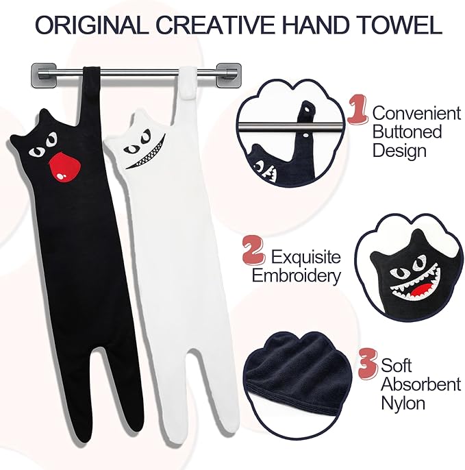 White Cat Hand Towels for Bathroom - Cute Cat Unique Birthday Gift for Women, Funny Kitchen Towels | Housewarming Gifts for New House | Christmas Halloween Party Decor