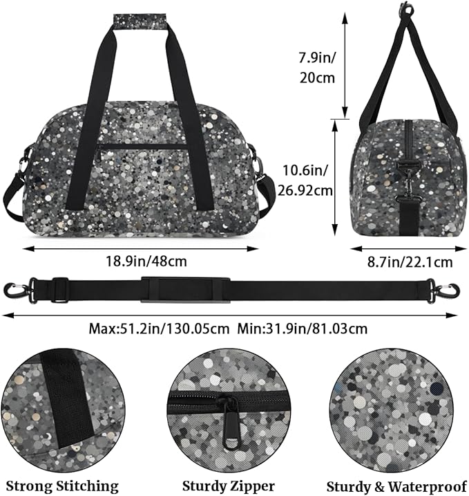 Silver Glitter Pattern Gym Travel Duffle Bag for Women & Men with Front Zipper Pocket for Sports, Overnight, Weekender, Carry On,Workout & Dance Bag,Glitter and Sequins,18.9 * 8.7 * 10.6 in