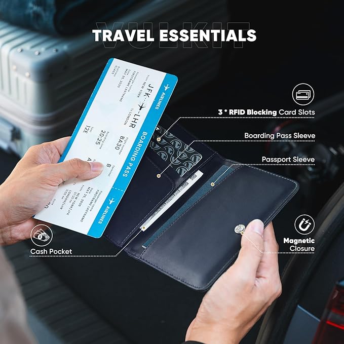 VULKIT Passport Holder For Travel With Magnetic Closure RFID Blocking Travel Wallet Passport Book Cover Boarding Pass Holder Travel Essentials