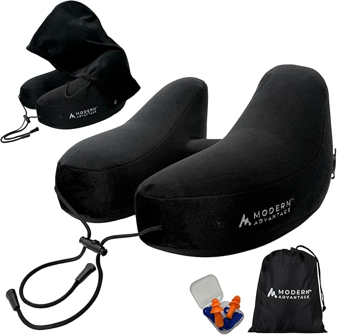 Modern Advantage Inflatable Travel Pillow for Airplanes with Comfort Hood, Adjustable Neck Support, Lightweight & Compact Flight Pillow for Sleeping on Long Flights & Travel (Black)