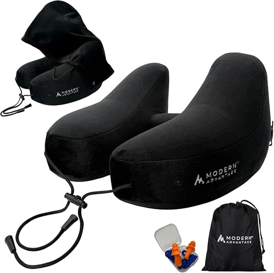 Modern Advantage Inflatable Travel Pillow for Airplanes with Comfort Hood, Adjustable Neck Support, Lightweight & Compact Flight Pillow for Sleeping on Long Flights & Travel (Black)