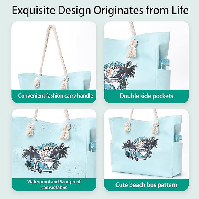 Beach Bags for Women Large Waterproof Beach Travel Tote Bags Sandproof Swim Pool Bag Canvas Zipper Big Tote