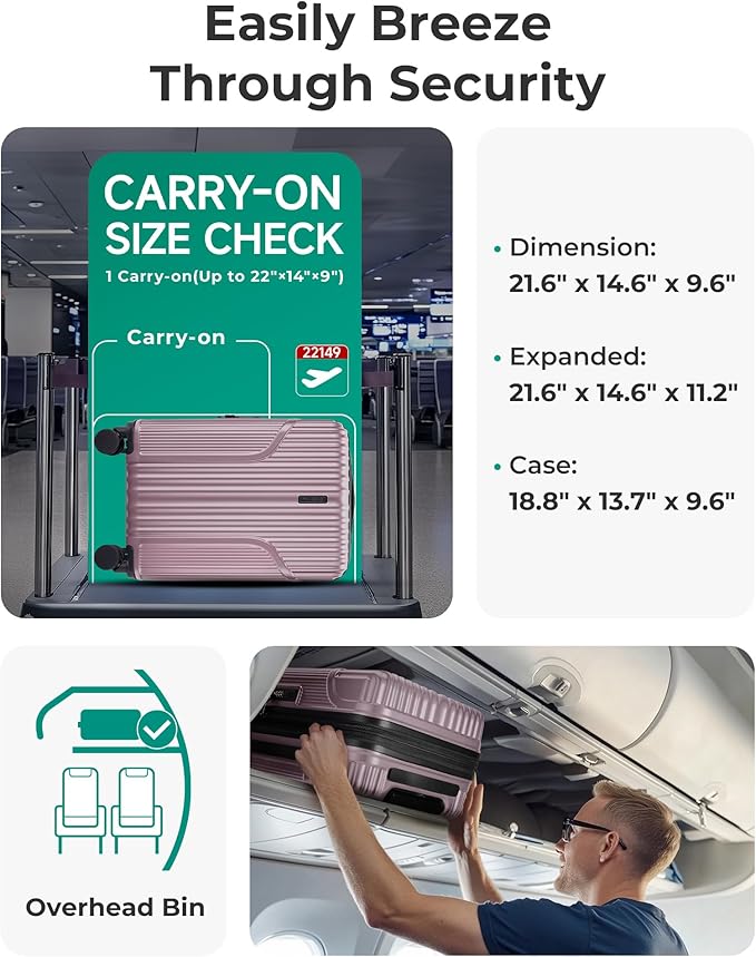 BAGSMART Carry On Luggage 22x14x9 Airline Approved, luggage with Spinner Wheels, 20 Inch Expandable Hardside Carry On Suitcase with TSA Lock Rolling Travel suitcase Carry-On, Pink Lavender