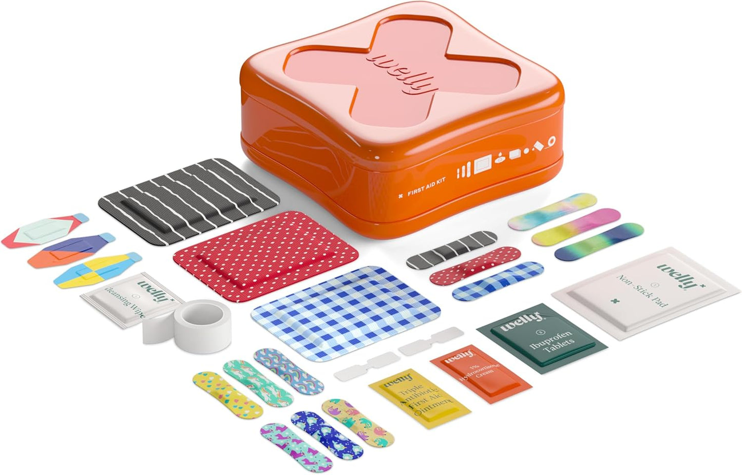 Welly First Aid Kit - Adhesive Flexible Fabric and Waterproof Bandages, Tape and Non-Stick Pads, Butterfly Strips, Single Use Ointments Triple Antibiotic and Hydrocortisone, and Ibuprofen - 130 Count