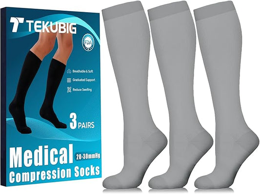 3 Pairs Medical Women Men Compression Socks Knee High 20-30 mmhg Graduated Stocking Support Hose Cute for Running Travel