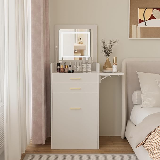 ARTETHYS Small Vanity Desk Set with Flip-top Mirror and Lights White Integrated 3 in 1 Makeup Vanities Set for Compact Space Mini Dressing Table with Fold-up Panel and Storage Chair for Bedroom