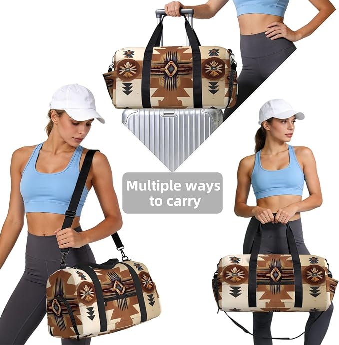 Native American Patterns Print Gym Bag with Shoe Compartment for Women Men, 17.7in Sports Duffle Weekender Tote, Overnight Travel Duffel Bag Carry On