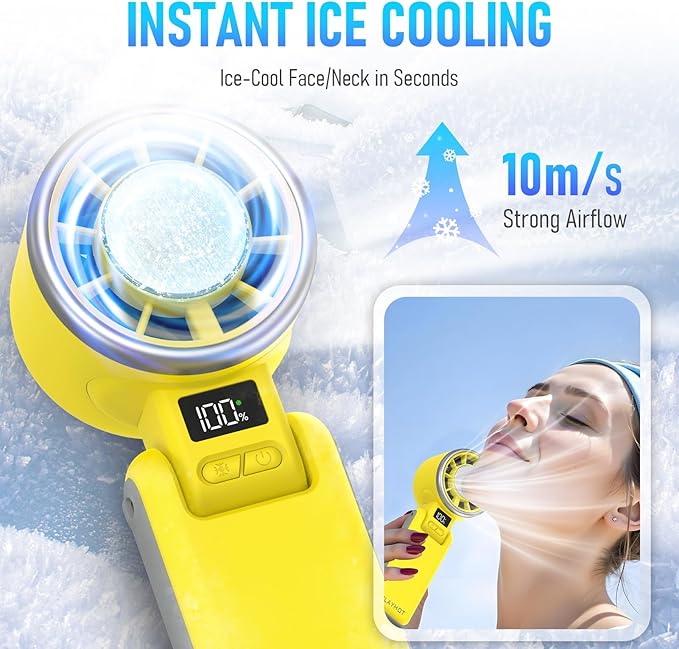 Portable Handheld Turbo Fan with Ice Cooling, Rechargeable Personal Fan, Up tp 12Hrs Cooling, 5 Speed 25550RPM Powerful Portable Fan for Travel, Outdoor, Camping, Hiking (Yellow)