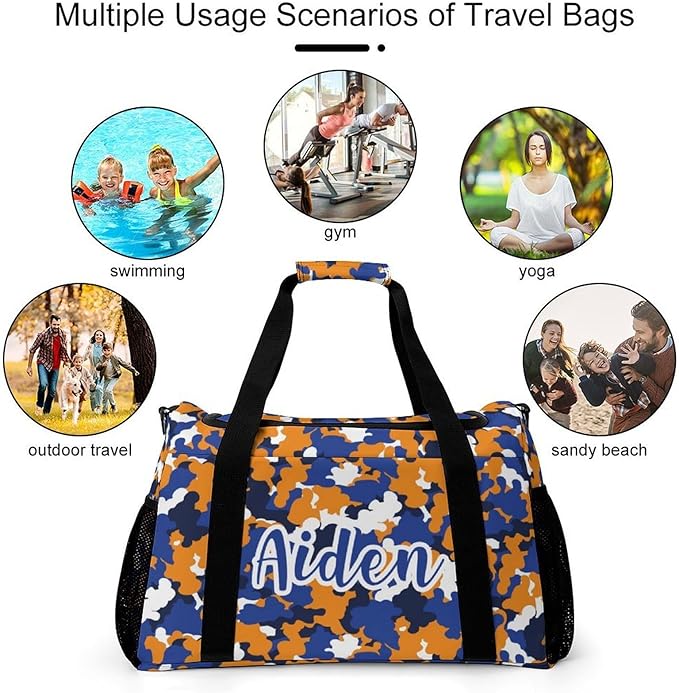Camouflage Navy Blue Orange Camo Waterproof Duffel Bag Gym Dance Sport Perform Training Bag for Teens Adults Women Men Handheld Crossbody Travel Bag
