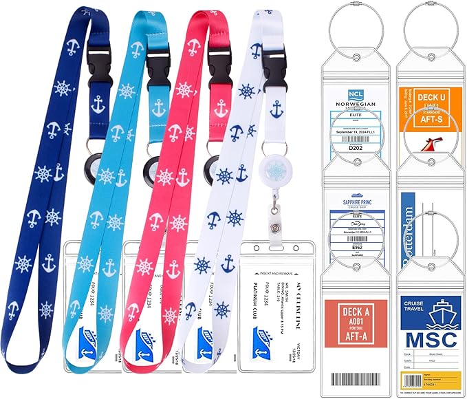 4 Retractable Lanyards with 6 Luggage Tag Holders, Zip Seal Clear Luggage Tag & Lanyard with Ship Card Holder for Carnival, NCL, MSC, Princess 2025-2026, Cruise Ship Essentials