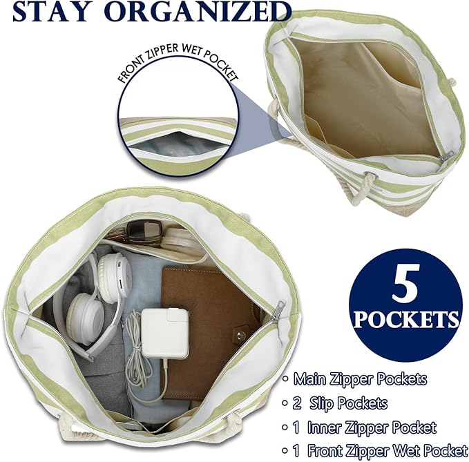 Fammart Beach Bags Waterproof Sandproof for Women, Large Canvas Pool Bag with Leakproof Wet Pocket & Zipper Cruise Essentials