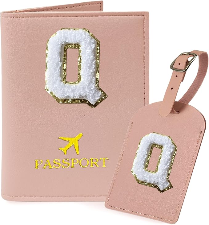 COSHAYSOO Passport Cover and Initial Luggage Tag Set with Preppy Chenille Letter Patch for Women Girls, Trendy Travel Bag Backpack Suitcase Identifier Halloween Valentines Gifts Pink Q