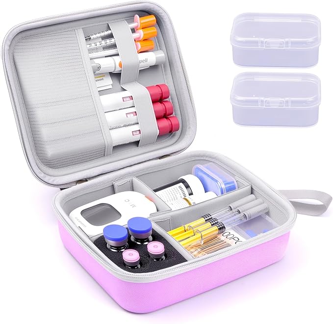 Krypthos Diabetic Supplies Travel Case, Portable Diabetes Organizer for Glucose Meter, Blood Sugar Test Strips Kit, Insulin Pens, Vials, Syringes, Lancing Device More with Adjustable Dividers (Violet)