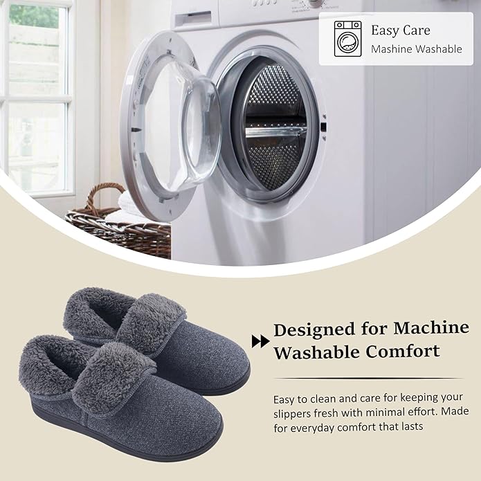 Men’s Knit Bootie Slippers Warm Fold-Over Ankle Collar Plush Fleece Lined Memory Foam House Shoes Cozy Winter Non-Slip Indoor Outdoor Slippers for Men