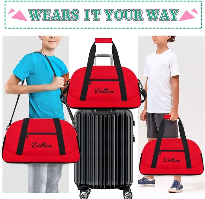 Personalize Kids Duffel Bag With Custom Name Text Carry-On Overnight Travel Gym Lightweight Dance Sports Bags For Boys Girls Kids/Red