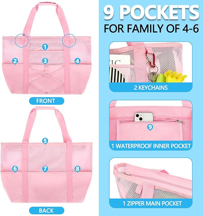 Mesh Beach Bag, Large Beach Tote with Zipper Pocket, Toys Pool Bag for Family Travel Vacation Cruise Essentials