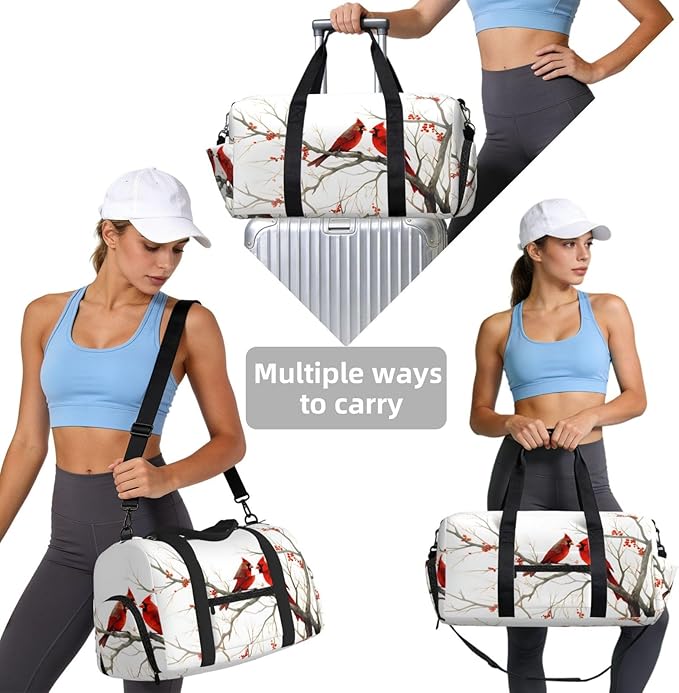 Sports Gym Bag Red Birds Art Painting Travel Duffel Bag With Shoe Compartment Shoulder Strap, Lightweight Water-Resistant Weekend Overnight Totes For Women Men
