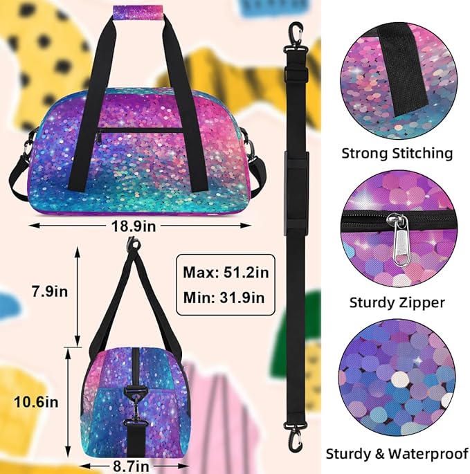 Gym Bag for Women Men, Pink And Blue Sequins Travel Duffle Bags for Dance Ballet Overnight, Carry-On Weekender Bag with Detachable Shoulder Strap