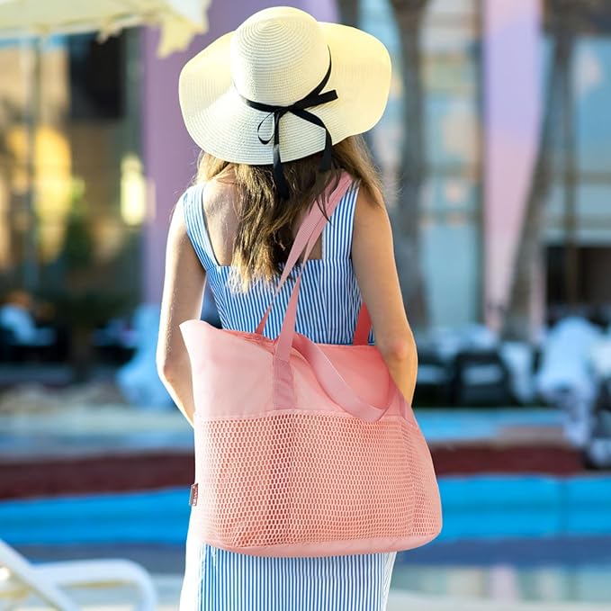 KABAQOO Large Beach Bag Waterproof Sandproof Tote Bag for Women with Zipper & Mesh Pockets for Pool Swim Travel Everyday