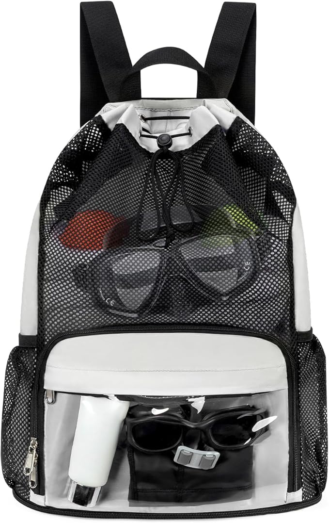 Drawstring Backpack Sandproof Beach Backpack with Shoe Compartment & Wet Pocket Waterproof Mesh Swim Bag Pool Bag for Gym, Travel and Workout Gear (Beige)
