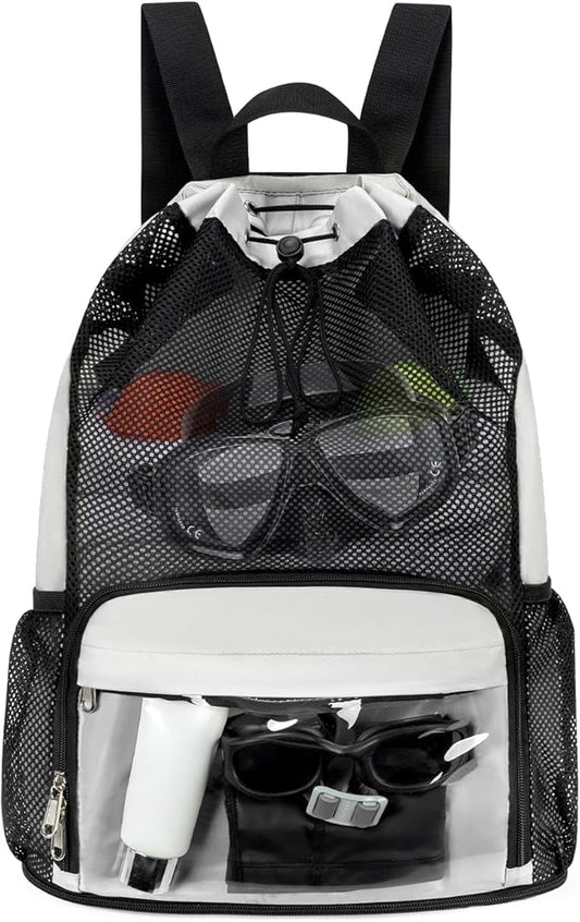 Drawstring Backpack Sandproof Beach Backpack with Shoe Compartment & Wet Pocket Waterproof Mesh Swim Bag Pool Bag for Gym, Travel and Workout Gear (Beige)