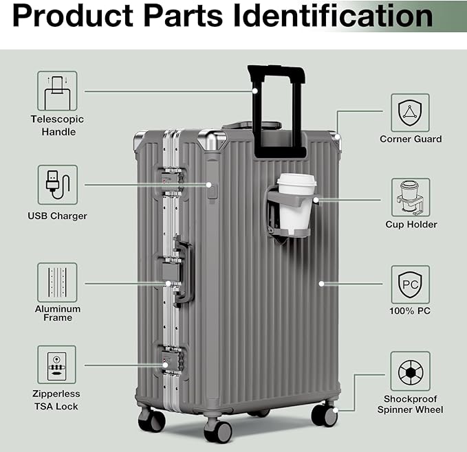 Krute No Zipper Luggage Set 2 Pieces Aluminum Frame PC Hard Shell Zipperless Suitcase Set With Wheels TSA Lock Carry On Luggage and Checked Suitcases