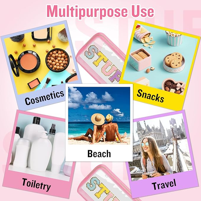 Chenille Letter Clear Makeup Bags Stuff Pouch, Preppy Patch Makeup Bag with Zipper, Transparent PVC & Nylon Waterproof Portable Glitter Cosmetic Bag Travel Toiletry Storage for Women Girls(STUFF-Pink)