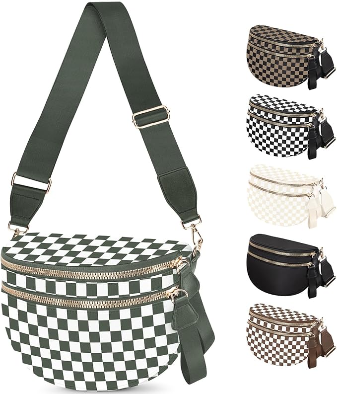 Spacious Nylon Checkered Crossbody Bum Bag for Women, Fashion Checkerboard Fanny Pack Purse with Anti-theft Pocket, Adjustable Wider Strap Wasit Bag (White-Green)