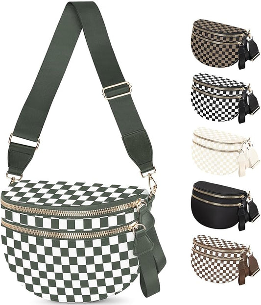 Spacious Nylon Checkered Crossbody Bum Bag for Women, Fashion Checkerboard Fanny Pack Purse with Anti-theft Pocket, Adjustable Wider Strap Wasit Bag (White-Green)